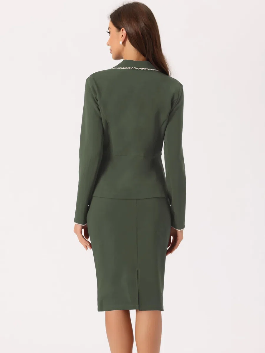 Allegra K Costume d'affaires pour Femme 2 pièces Tweed Trim Blazer Veste et Ensemble de Jupe