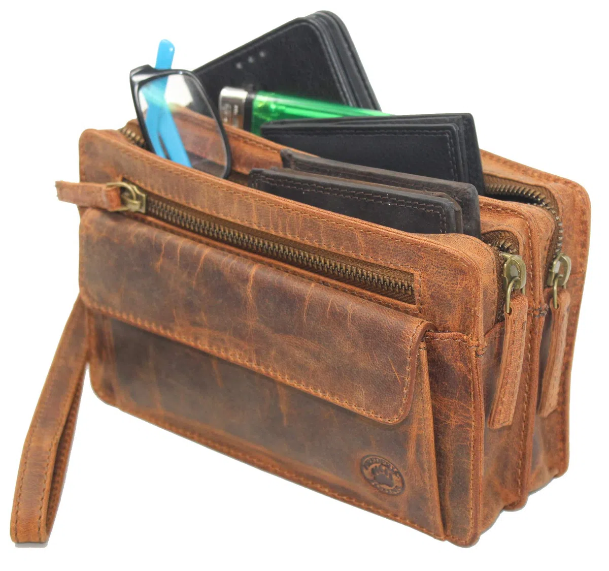 Frédéric Johns Sacoche vide poche cuir vintage homme - vide poches cuir véritable - sacoche vintage - sac dragonne main - sacoche porté main (Marron)