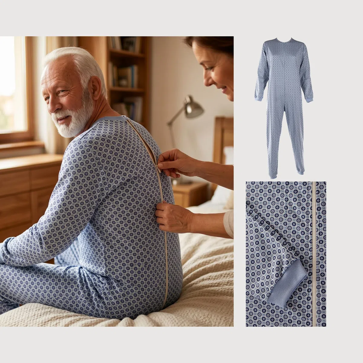 Pyjama intégral médical unisexe – Grenouillère adulte coton 100% – Pyjama dos zip seniors – Vêtements gériatriques confortables Made in Italy