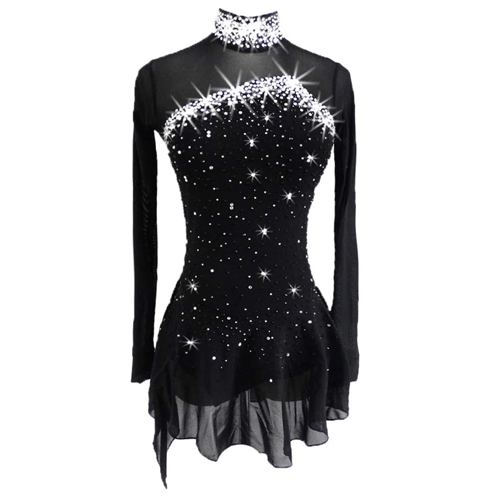 LIUHUO Robe de Patinage Artistique pour Filles et Adolescentes, Costume de Patinage sur Glace Noir