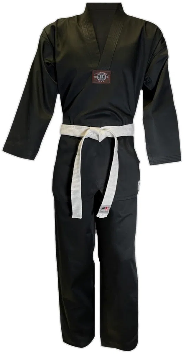Taekwondo Dobok Basic avec revers en V Noir – Ensemble (veste à enfiler, pantalon, ceinture blanche)