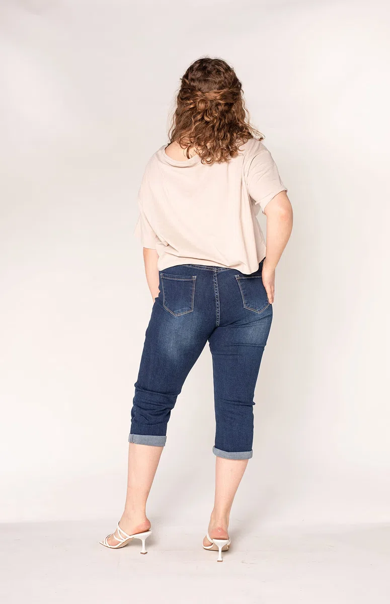 Nina Carter P200 Jean Capri Femme Grande Taille Stretch Taille Haute Jean 3/4 Style Décontracté Usé Pantacourt d'Été Élastique