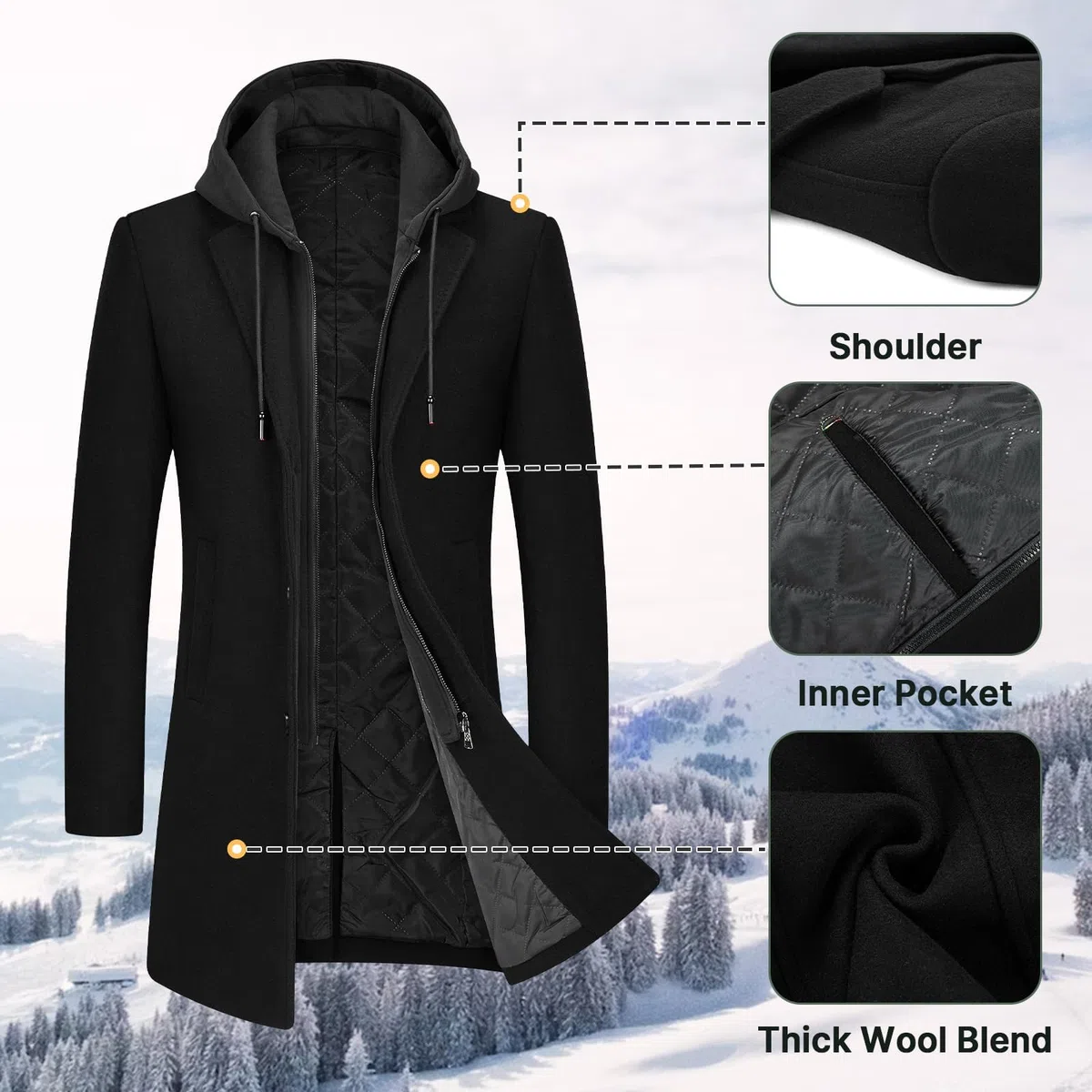 Manteau Homme en Laine à Capuche Amovible Chaud Long Trench-Coat pour Hiver Caban Parka Homme Slim Fit