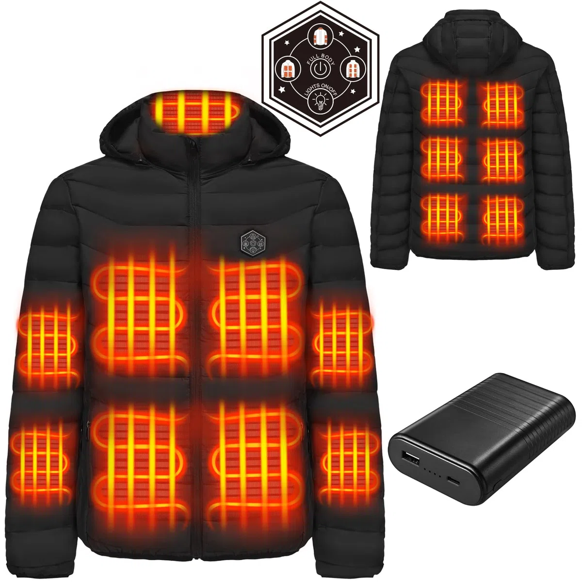 Veste Chauffante Avec Batterie Doudoune Chauffante Avec 15 Coussins Chauffants en Fibre de Carbone, Veste Chauffante électrique pour Moto Pêche Ski Activités de Plein Air
