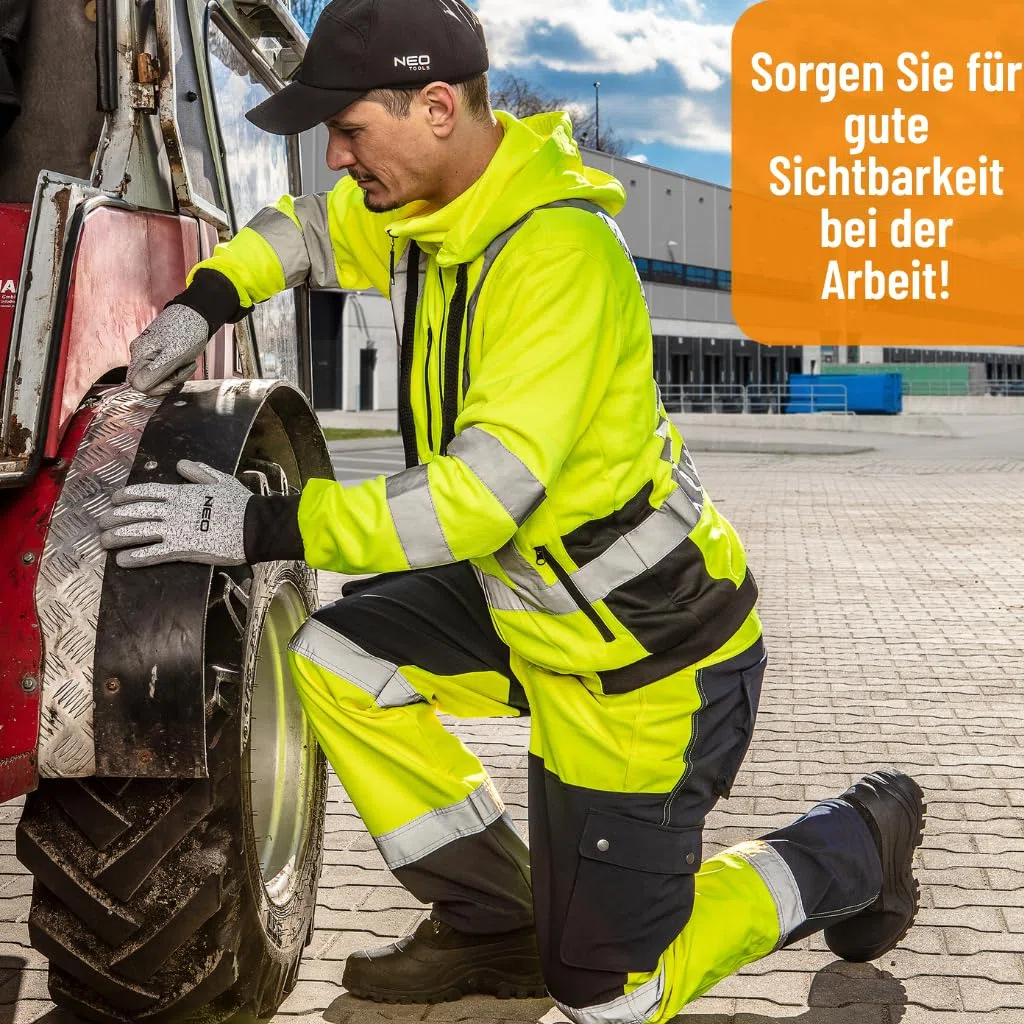 NEO TOOLS Ensemble - Pantalon de Travail Imperméable Haute Visibilité pour Hommes + Veste D'avertissement de Travail Chaude (Orange/Jaune) | Pantalon Softshell avec Doublure Polaire, S-XXL