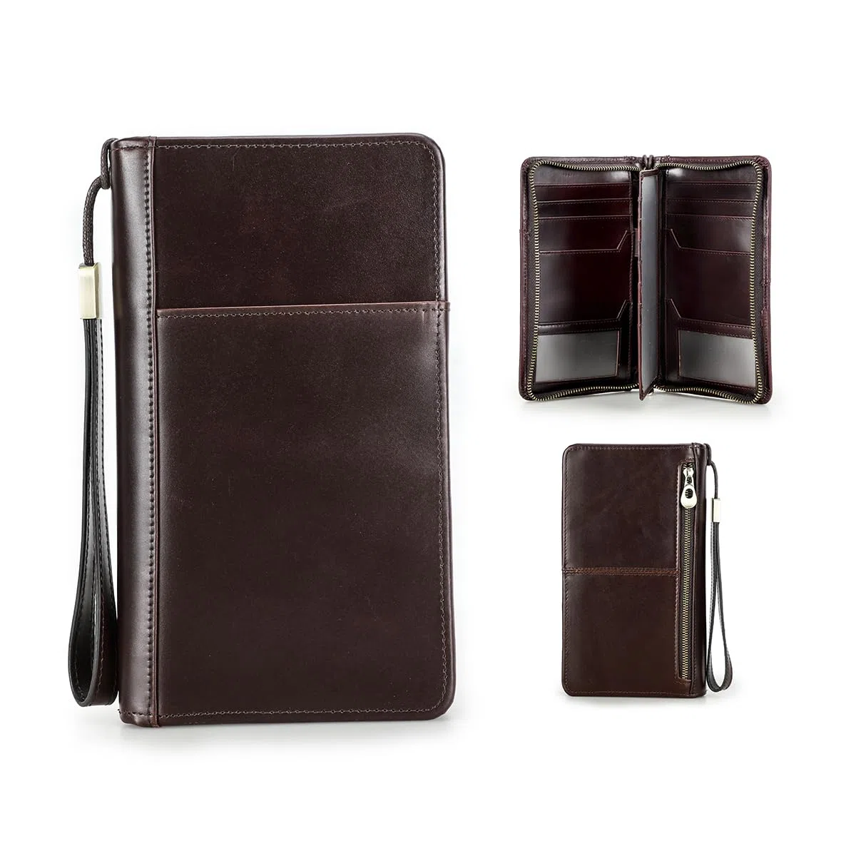 Contacts Hommes En Cuir Véritable Portefeuille Zipper Chéquier Titulaire Argent Billets Voyage Passeport Titulaire De La Carte Pochette Grande Capacité