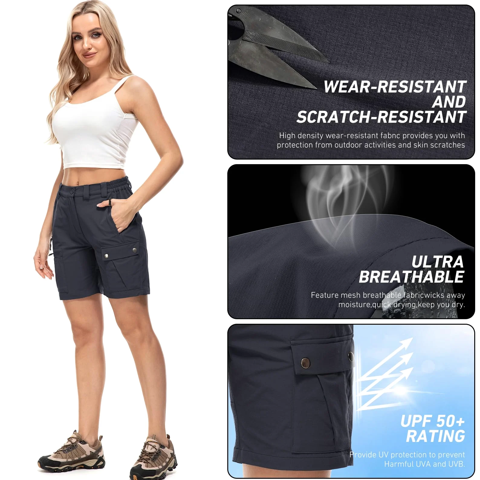 Short de Randonnée Cargo pour Femme Shorts de Randonnée Femme Short d'extérieur Confortable, Léger et à Séchage Rapide, pour Les Voyages et la Randonnée avec 4 Poches
