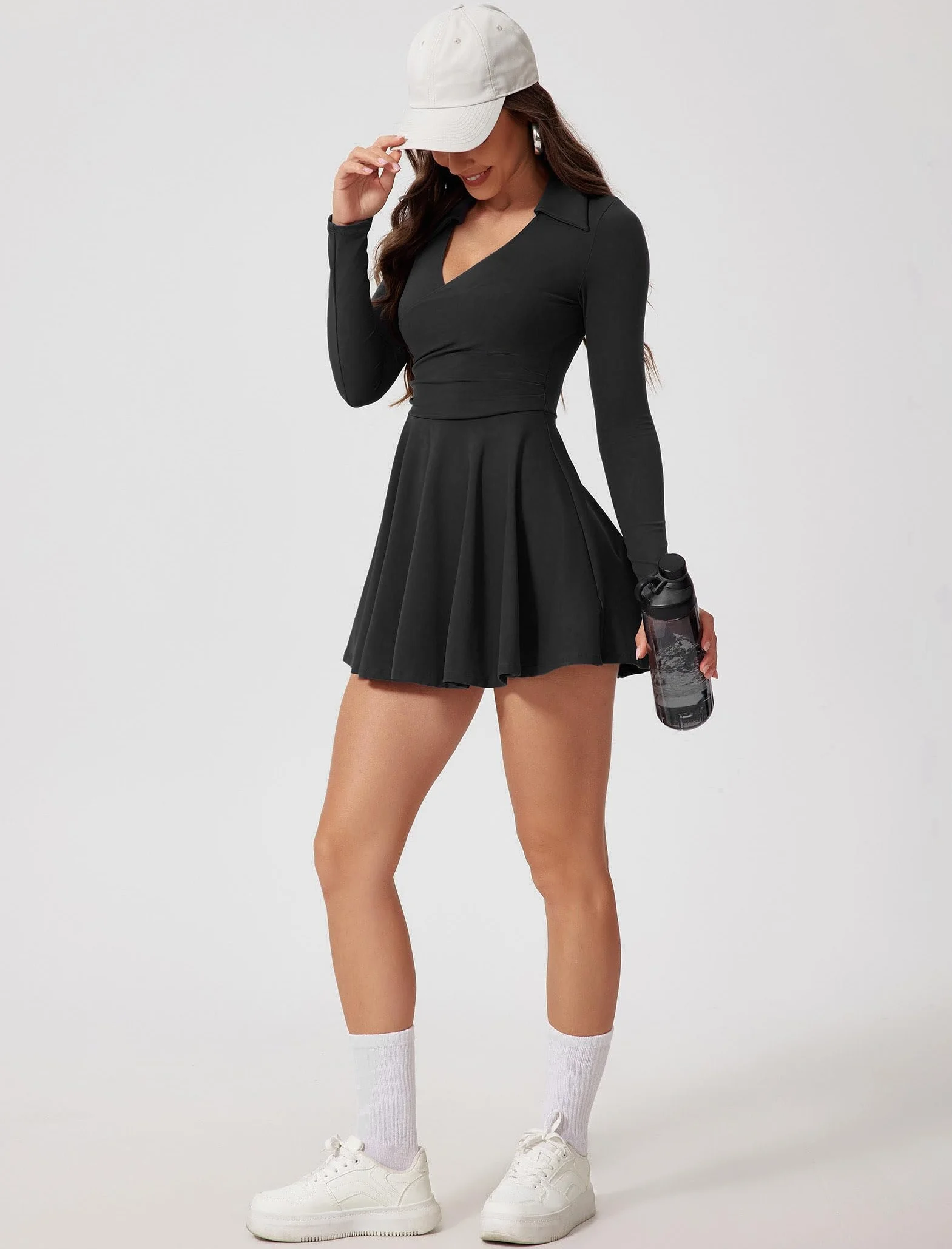 Robe de tennis pour femme - Manches longues - Col en V - Robe polo avec poche short - 2 pièces - Tenue de tennis - Mini robe de sport - Robe de tennis - Robe d'entraînement