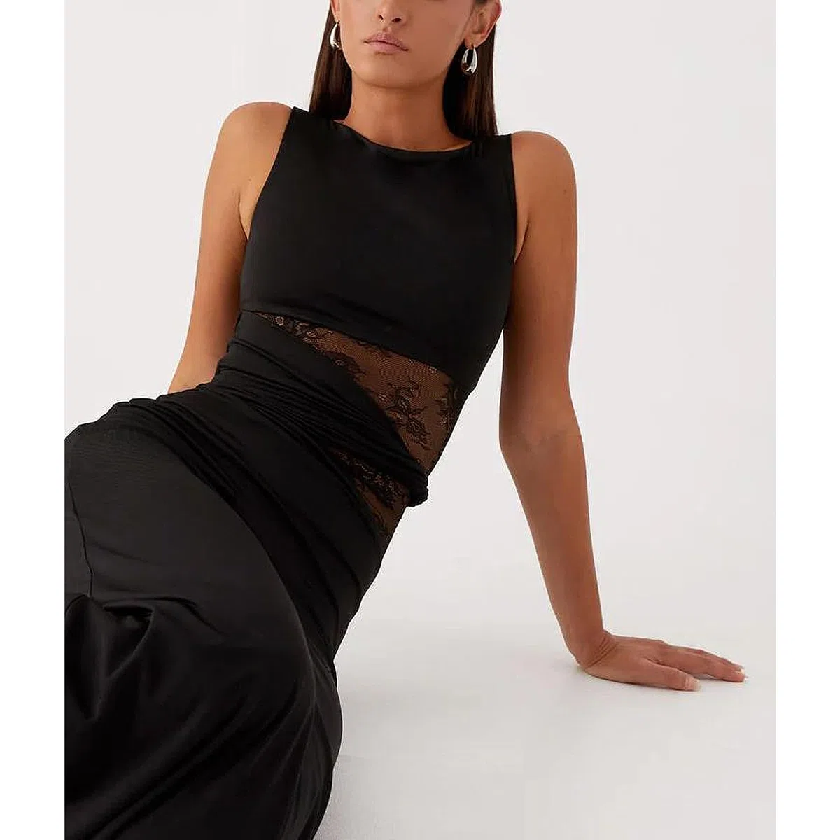 Robe Femme Sexy sans Manches Robes Longue Moulante à Col Rond Maxi Robe Transparente Dentelle Patchwork Robes de Cocktail Chic et Elégant Bodycon pour Clubbing Prom Fête Mariage Invité