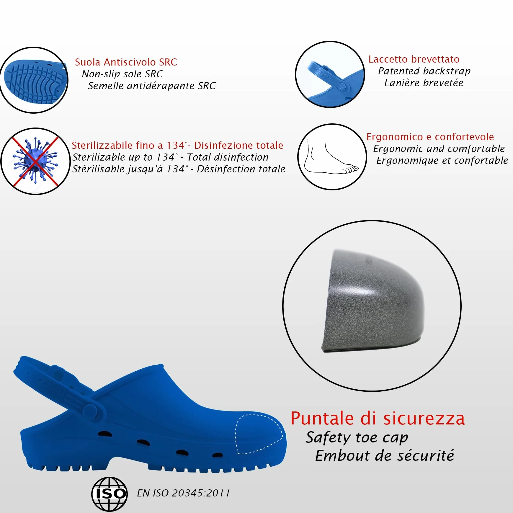 REPOSA Safe - Sabot Femme et Homme en Caoutchouc, Sabot Femme Medical Infirmiere Unisex avec Sangle Rabattable et Embout de Sécurité en Acier - Chaussure Medicale et Sanitaire Anatomique et Antichoc