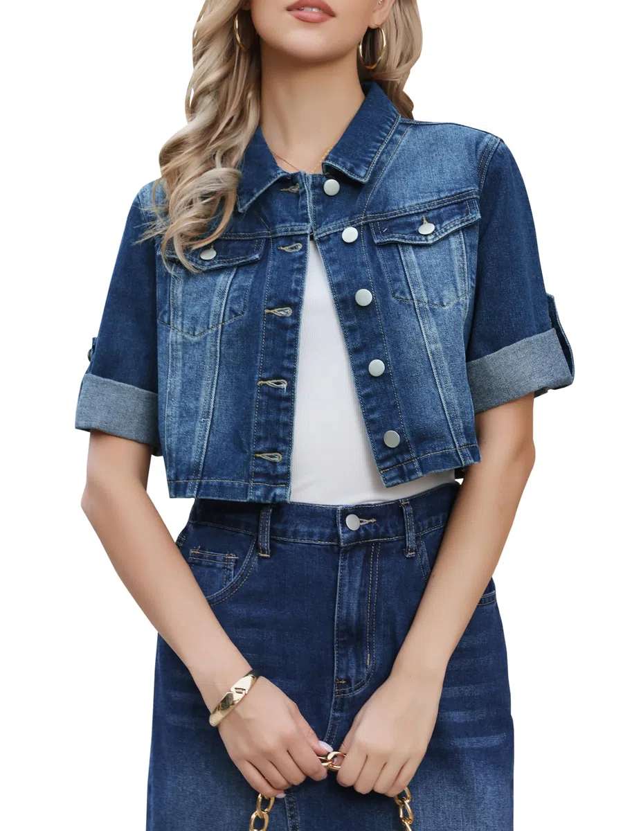 Allegra K Veste En Jean Femme Coupe Décontractée Col Boutonné Et Manches 3/4 Blouson Court En Denim