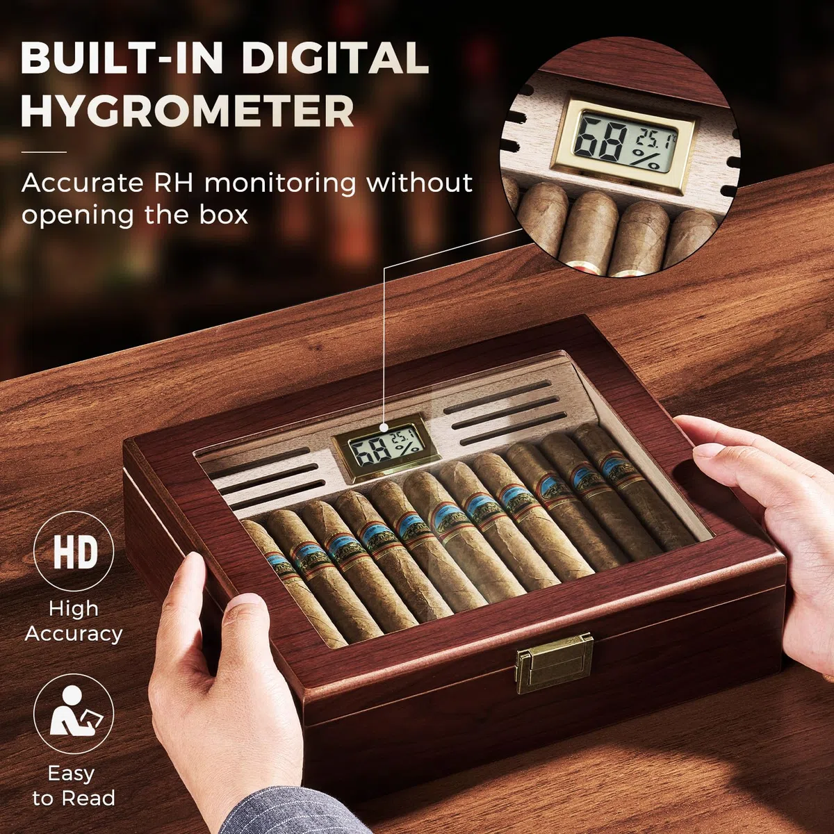 ProCase Cave à Cigares avec Hygromètre Numérique et Humidificateur, Boîte à Cigares avec Intérieur en Bois de Cèdre pour 20 à 25 pcs, Humidor Idéal pour Homme Amateur de Cigares Cubains -M