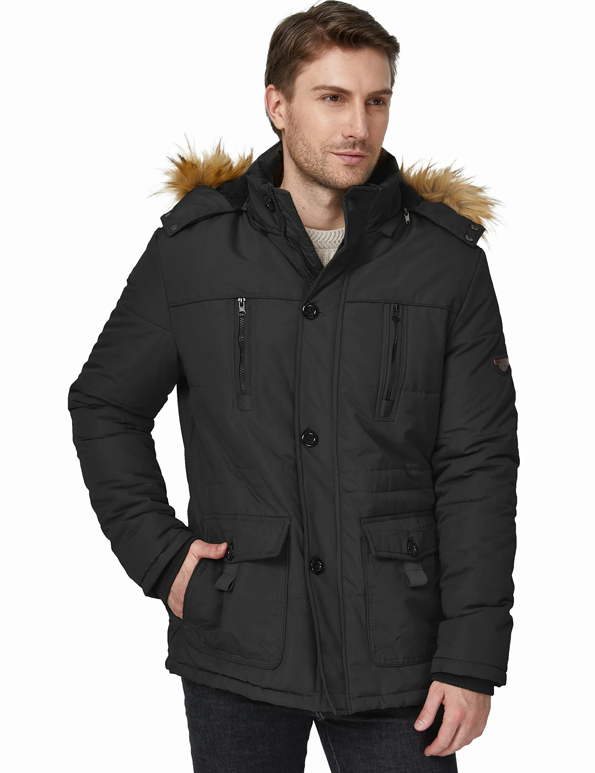 WenVen Homme Manteau d'hiver Décontracté en Molleton Veste d'Extérieur Classique en Coton Manteau à Capuche Fausse Fourrure Parka Coupe-Vent
