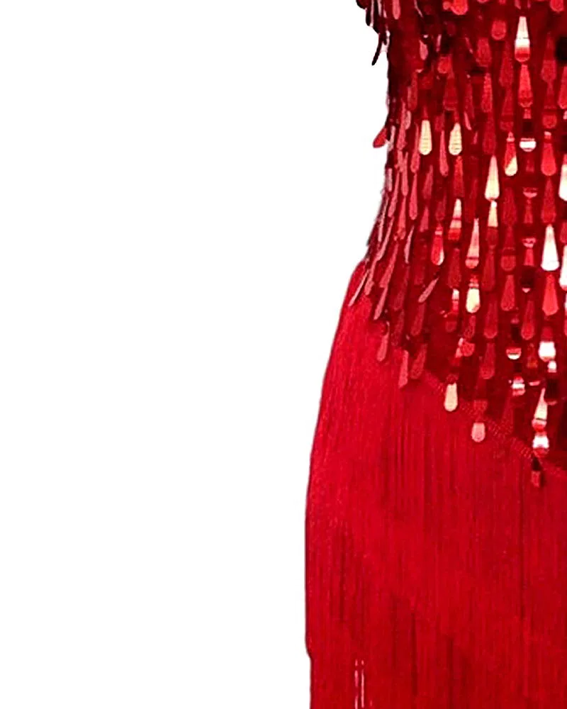 Womens Flapper Gatsby Sequin Tassel Ballroom Dance Sling Skirt Cyan Blue/Red/White Latin Salsa Tango Samba cha cha Rumba Dress Size 32/34/36/38