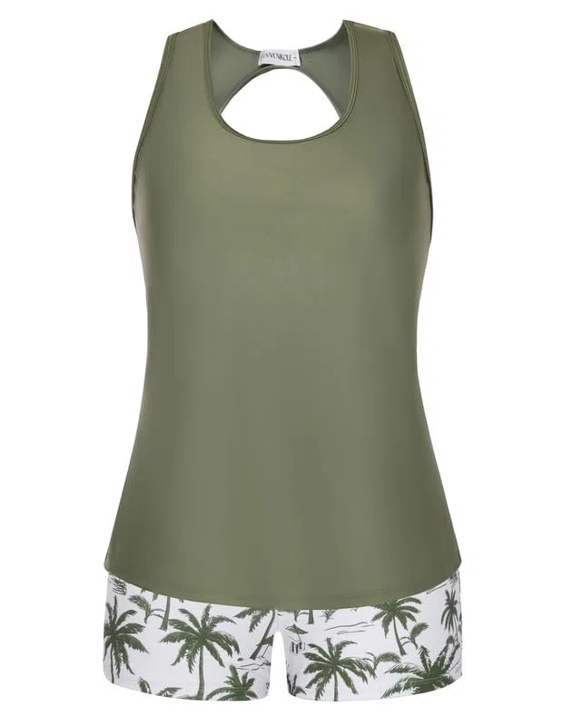 Hanna Nikole Maillot de Bain 3 pièces pour Femme Taille Plus Tummy Control Athletic Tankini Set Sexy évider Gilet pour Surf Baignade Natation Sport