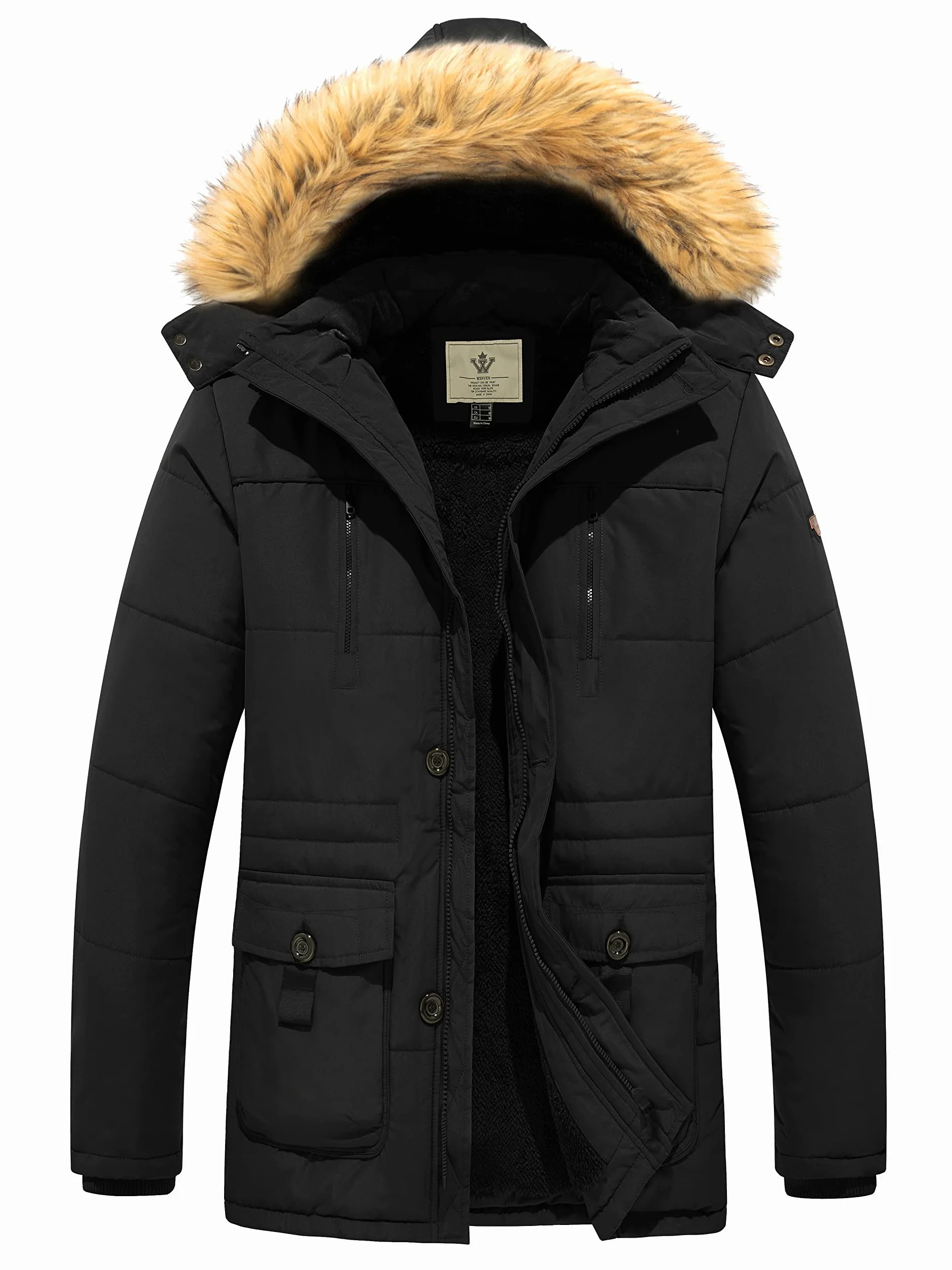 WenVen Homme Manteau d'hiver Décontracté en Molleton Veste d'Extérieur Classique en Coton Manteau à Capuche Fausse Fourrure Parka Coupe-Vent