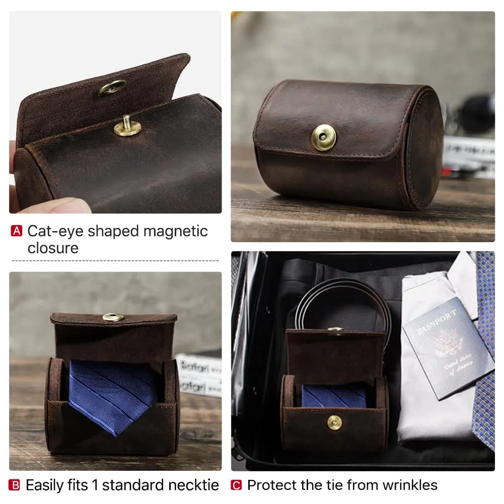 Hiram Boîte de Rangement pour Cravates en Cuir Véritable pour Les Voyages d'affaires Étui à Cravate pour 1 Cravate