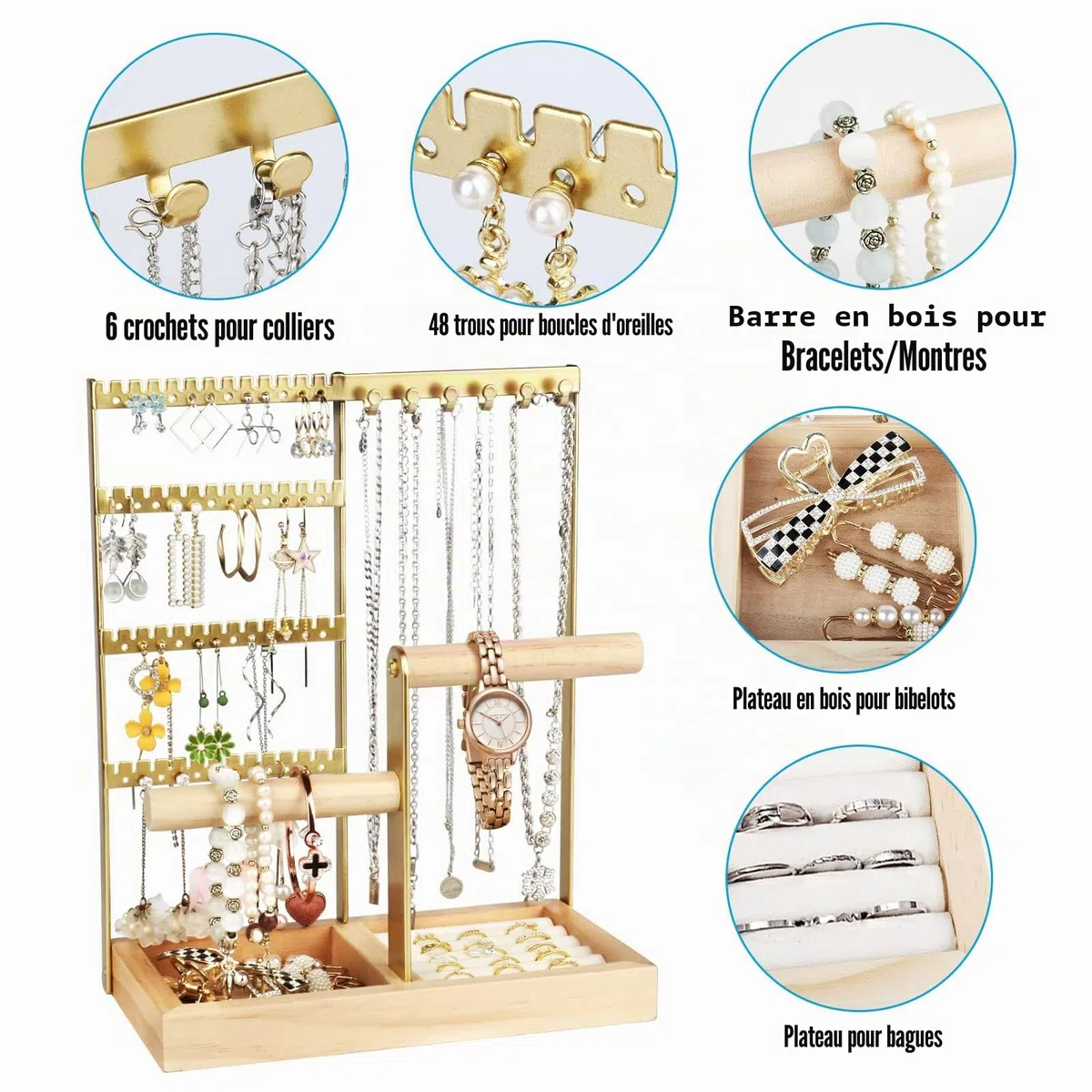 Présentoir à bijoux, Porte-bijoux multicouche pour colliers, crochets pour boucles d'oreilles, rangement pour bagues, boucles d'oreilles, bracelets, montres et accessoires (Or)