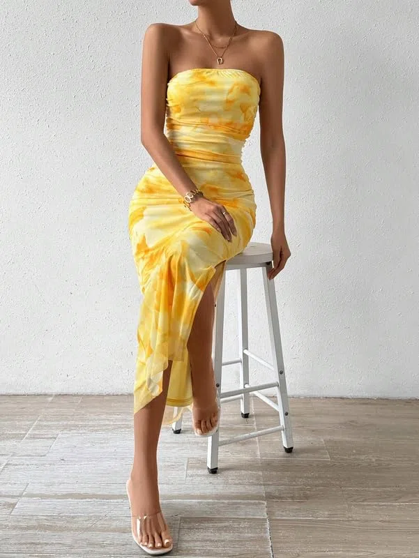 Robe Femme Sexy sans Bretelles Imprimé Tie Dye Robes Longue Tube sans Manches Elégant Robe Moulante D'éte Dos Nu Maxi Robes Fendue Casual Bodycon Prom Dress de Soirée Cocktail Clubbing Fête