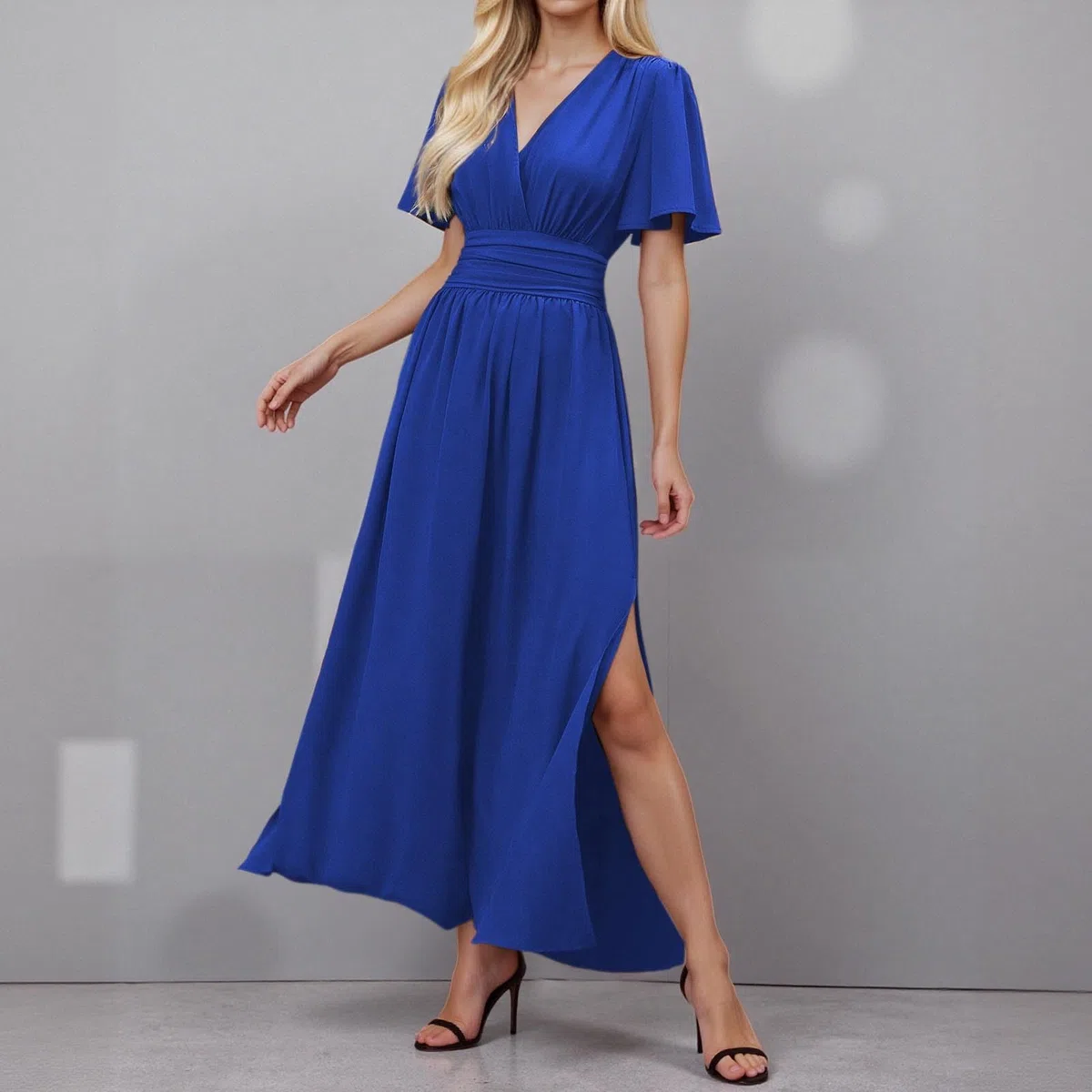 2026 Robe d'été élégante pour femme avec col en V et taille longue avec manches plissées, fente latérale et volants pour soirée mariage