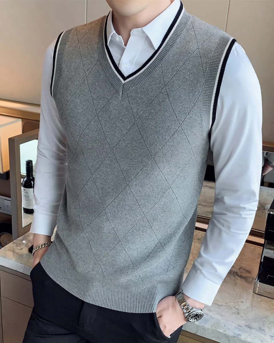 Pull sans Manches Homme Col V Gilet en Tricoté Casual Business Débardeurs Doublure Chaude