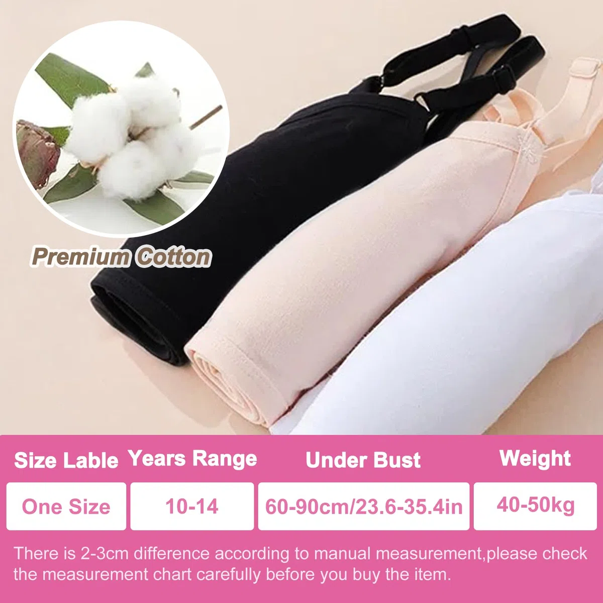 3 Pièces Soutien-Gorge d'entraînement sans Couture pour Filles, Coton Brassiere sans Armature, Réglable Haut à Bretelles et Coussinets Amovible pour Fille 10 à 14 Ans, Noir Blanc Couleur Peau