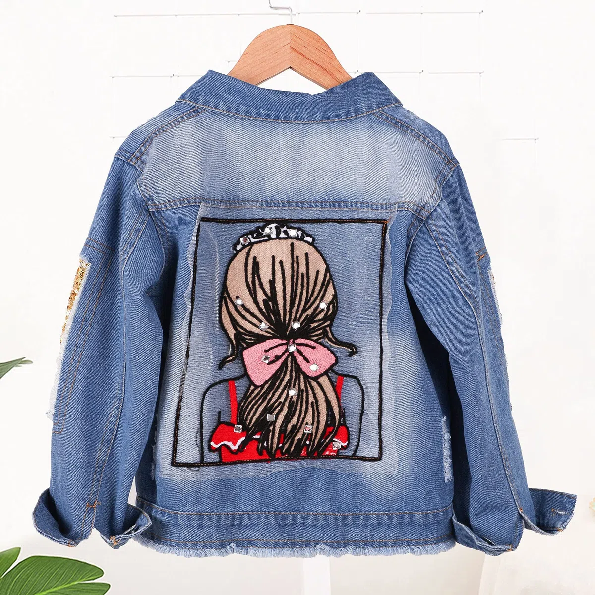 Veste Denim Enfant Fille Blouson Parka Mi-saison Manteau en Jean Enfant Imprimé de Dos de Fille pour Printemps Automne