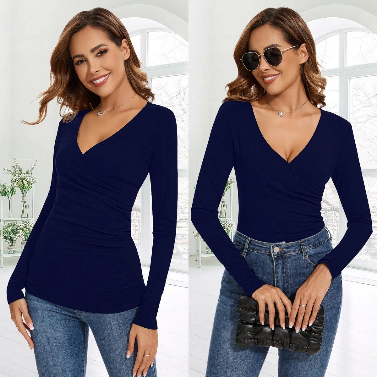 WOWENY Haut thermique pour femme - Sexy - Cross Wrap - Pull d'hiver - Col en forme de cœur - Manches longues - Sous-vêtements thermiques - T-shirt à manches longues en polaire