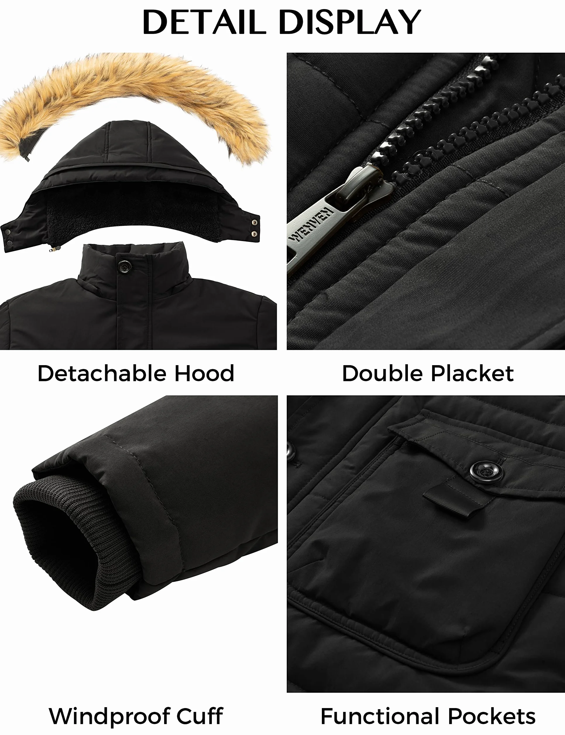 WenVen Homme Manteau d'hiver Décontracté en Molleton Veste d'Extérieur Classique en Coton Manteau à Capuche Fausse Fourrure Parka Coupe-Vent