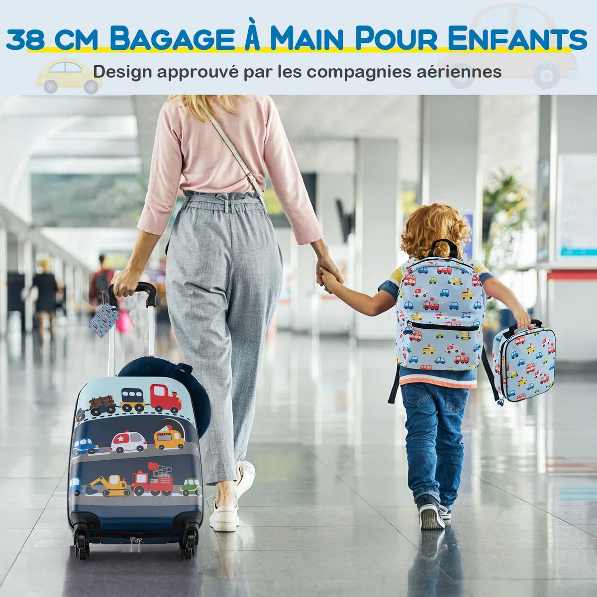 GOPLUS Valise Enfant 5 Pièces, Bagage à Main Rigide de 38cm, Sac à Dos de 33cm, Oreiller Cervical, Sac à Déjeuner Isolé, 3 Hauteur Réglable, Bagage à roulettes pour Garçon Fille 3+ Ans (Bleu)
