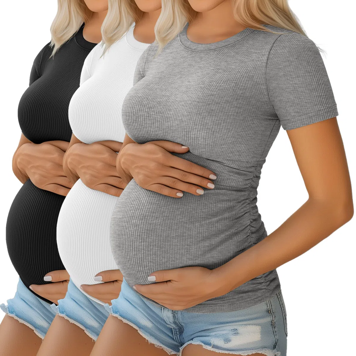 Ficerd Pack de 3 Chemises de Grossesse en Coton, Manches Courtes, Plissé Latéral, Tissu Rayé