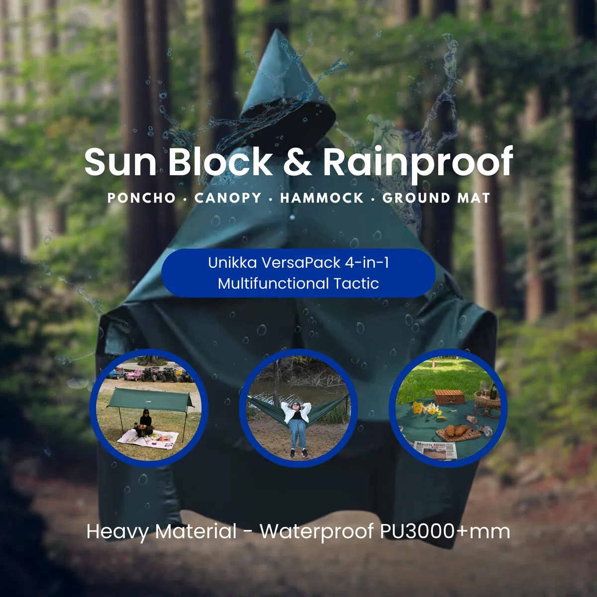VersaPack Poncho de pluie multifonction 4 en 1, hamac, auvent, tapis de sol pour l'extérieur, le camping, la randonnée