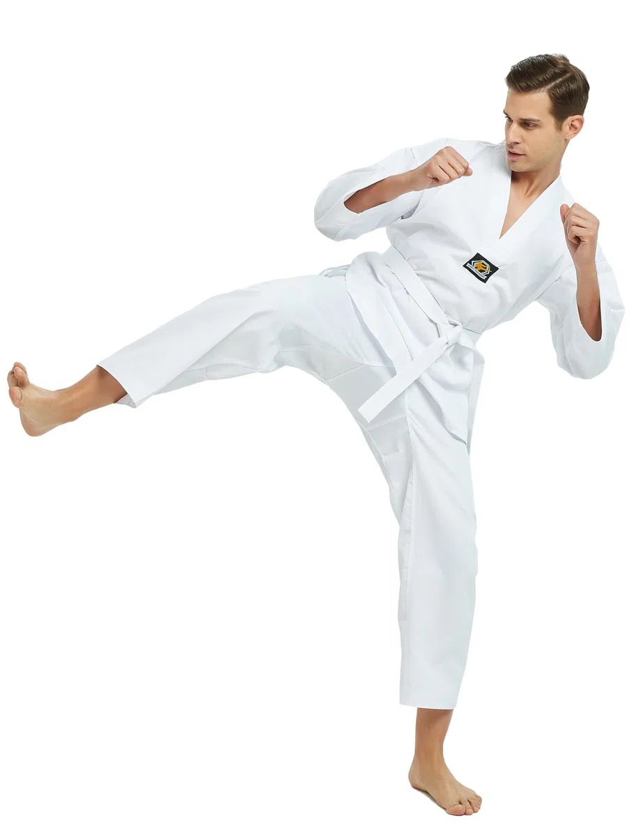 TOPTIE Uniforme de Taekwondo à col en V pour Enfants et Adultes, Uniforme d'étudiant TKD Dobok, Uniforme d'arts Martiaux avec Ceinture