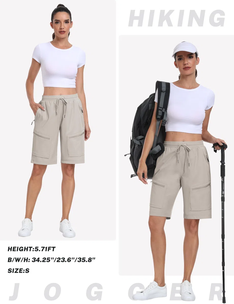 MoFiz Short Cargo Femme Bermuda d'extérieur Randonnée d'été Léger Pantalon Court à Séchage Rapide avec Cinq Poches Zippées