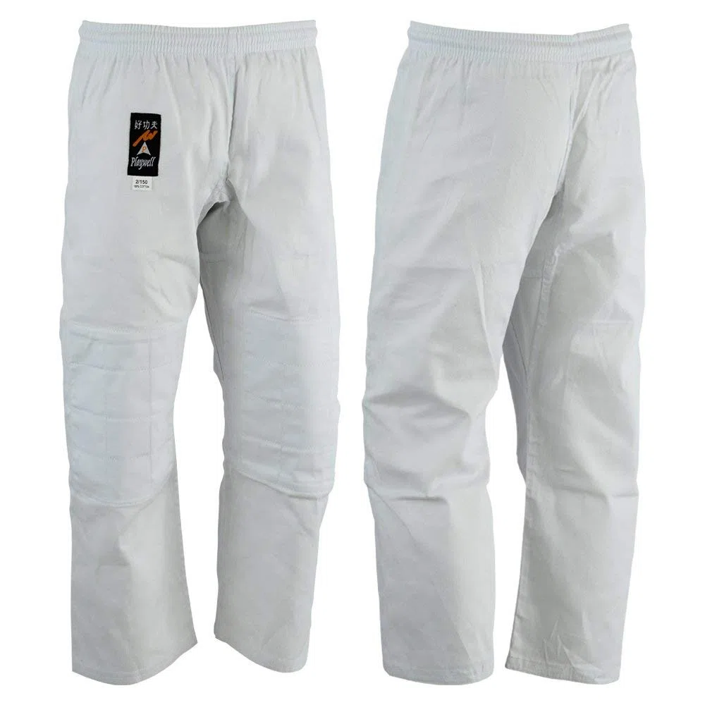 Playwell Arts Martiaux Judo Pantalon Blanc Blanchie - (Double Rembourré Genoux) - 9oz - Blanc
