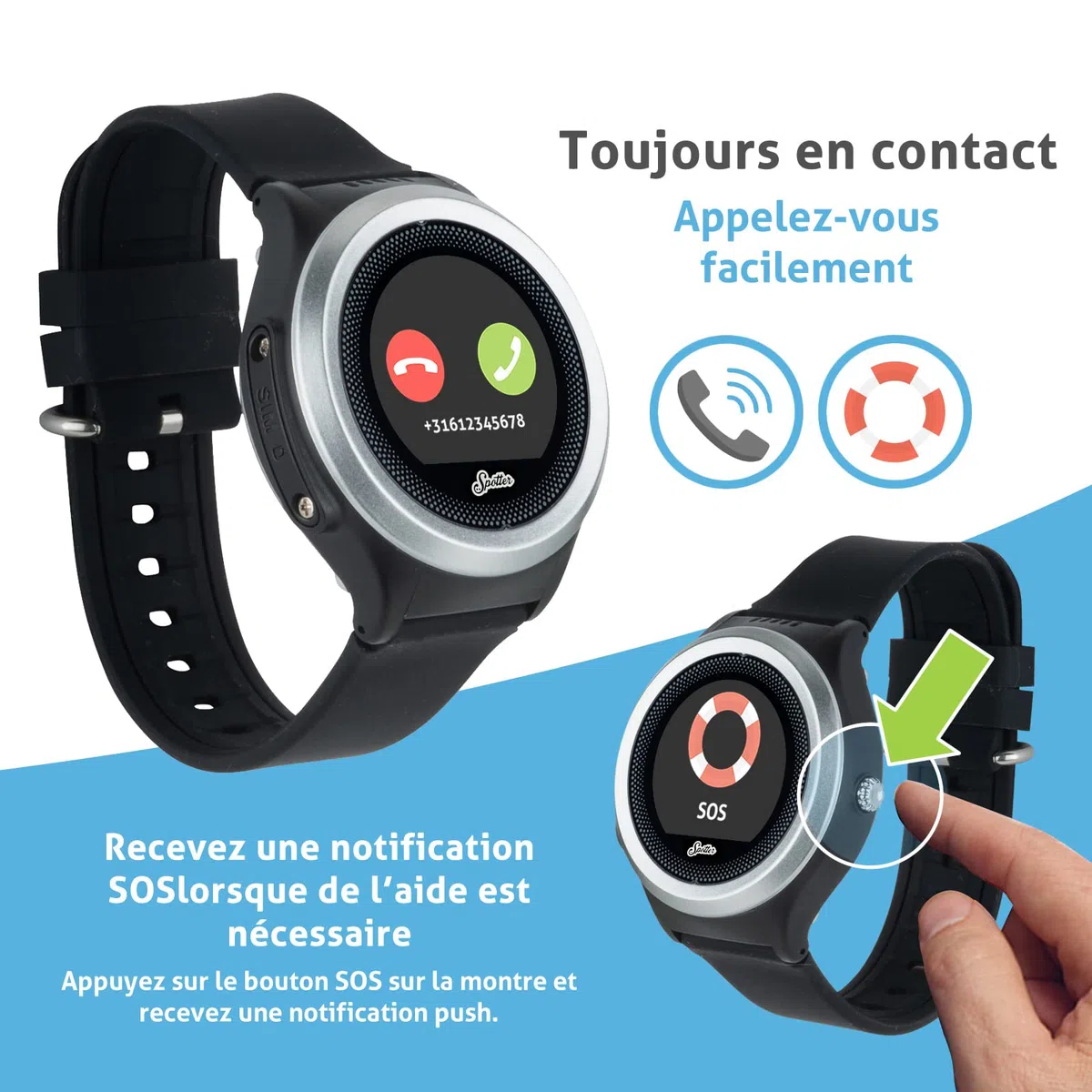 Spotter GPS Watch Air - Smartwatch GPS pour la sécurité des Enfants et des Personnes âgées, supporte Les appels, Bouton SOS, étanchéité IP67, app Gratuite et Période d'utilisation payée - Noir