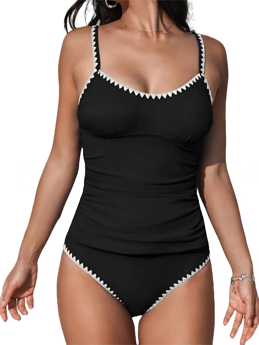 Maillot de Bain 2 Pièces Femme Tankini Push-Up Bikini Deux Pièces Col U Élégant Haut avec Bas de Maillot de Bain Swimwear de Plage Beachwear Été