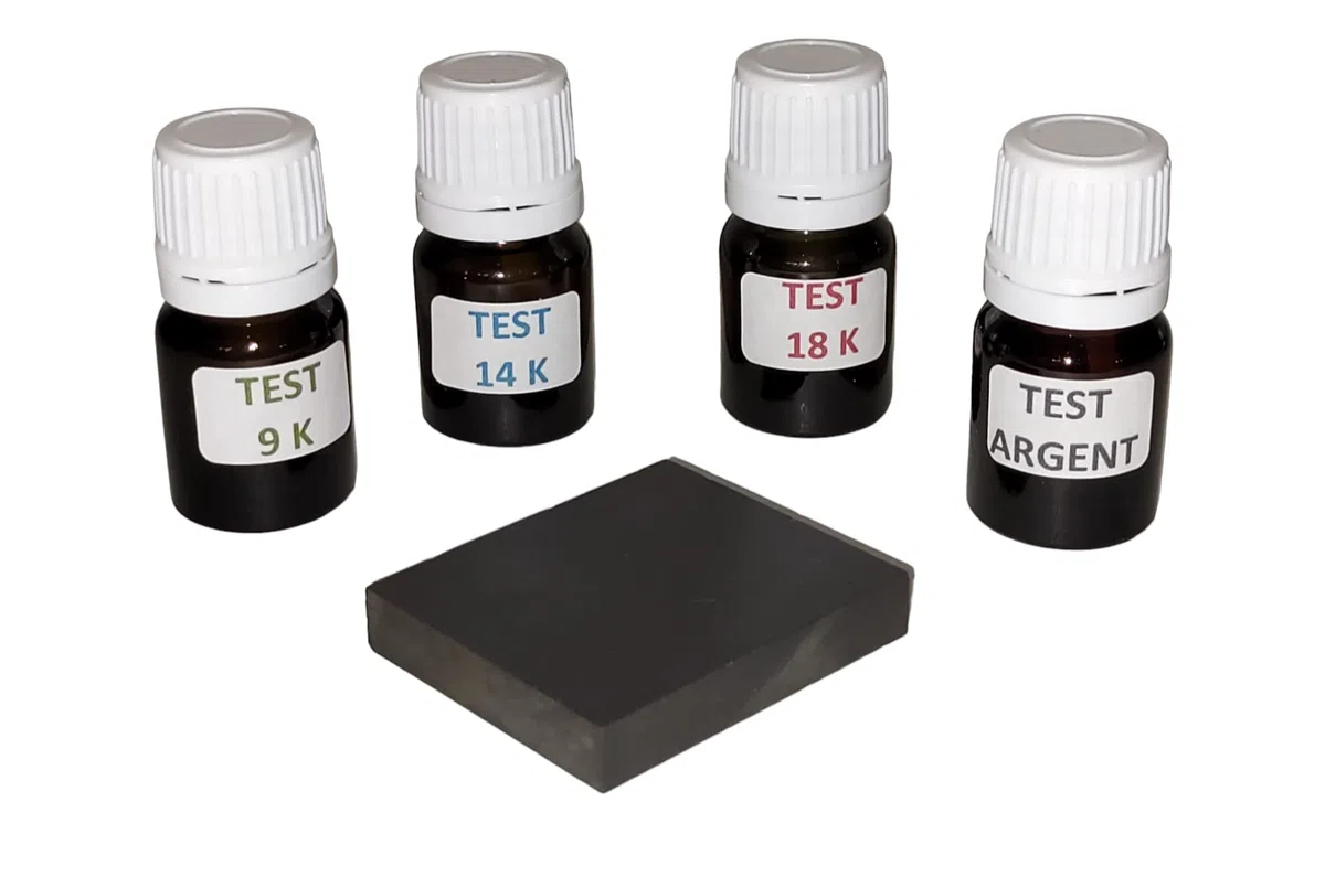 38 € port offert Kit 4 flacons à spatule test bijoux testeur pour l' or 9 K, 14 K, 18 K et argent prêt à l'emploi avec pierre de touche + notice offerte