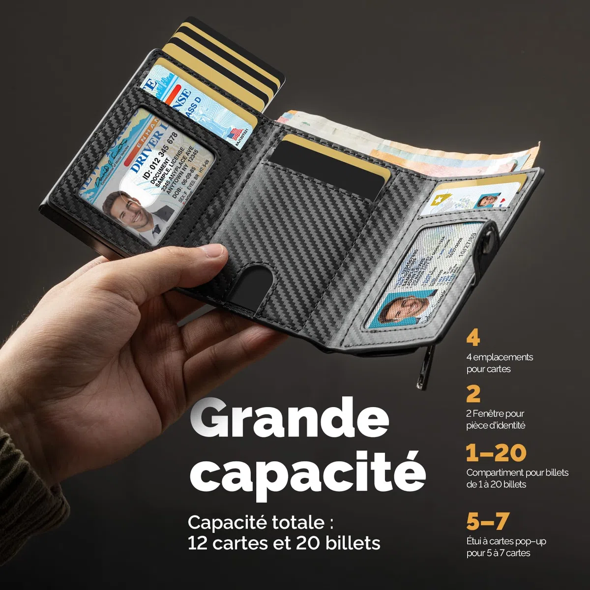 YESIIW AirTag Portefeuille pour Homme avec Blocage RFID, Compact Air Tag pour 12 Cartes, Porte-Monnaie Pop-up avec Compartiment à Monnaie et 2 fenêtres d'identité, Noir Carbone