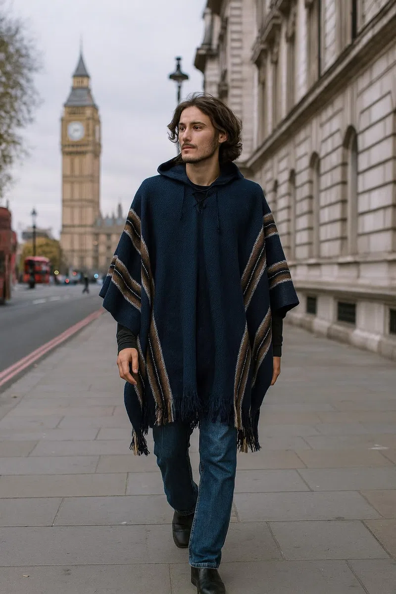 Gamboa Alpaga Poncho Homme à Capuche Mexicain Cape Manteau Lain Automne Hiver