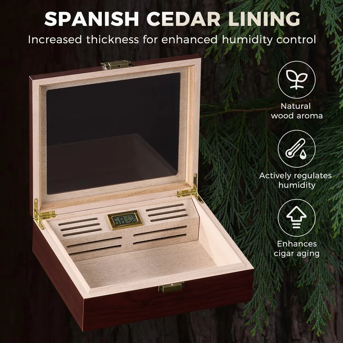ProCase Cave à Cigares avec Hygromètre Numérique et Humidificateur, Boîte à Cigares avec Intérieur en Bois de Cèdre pour 20 à 25 pcs, Humidor Idéal pour Homme Amateur de Cigares Cubains -M
