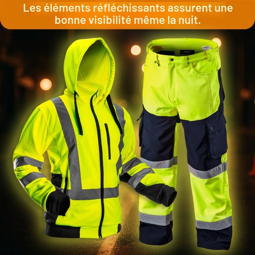 NEO TOOLS Ensemble - Pantalon de Travail Imperméable Haute Visibilité pour Hommes + Veste D'avertissement de Travail Chaude (Orange/Jaune) | Pantalon Softshell avec Doublure Polaire, S-XXL
