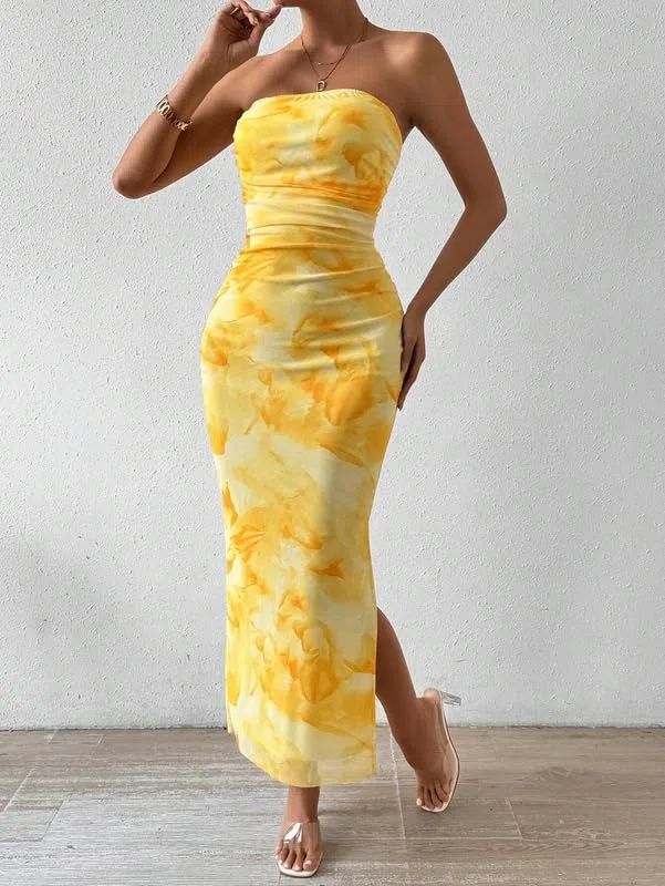 Robe Femme Sexy sans Bretelles Imprimé Tie Dye Robes Longue Tube sans Manches Elégant Robe Moulante D'éte Dos Nu Maxi Robes Fendue Casual Bodycon Prom Dress de Soirée Cocktail Clubbing Fête
