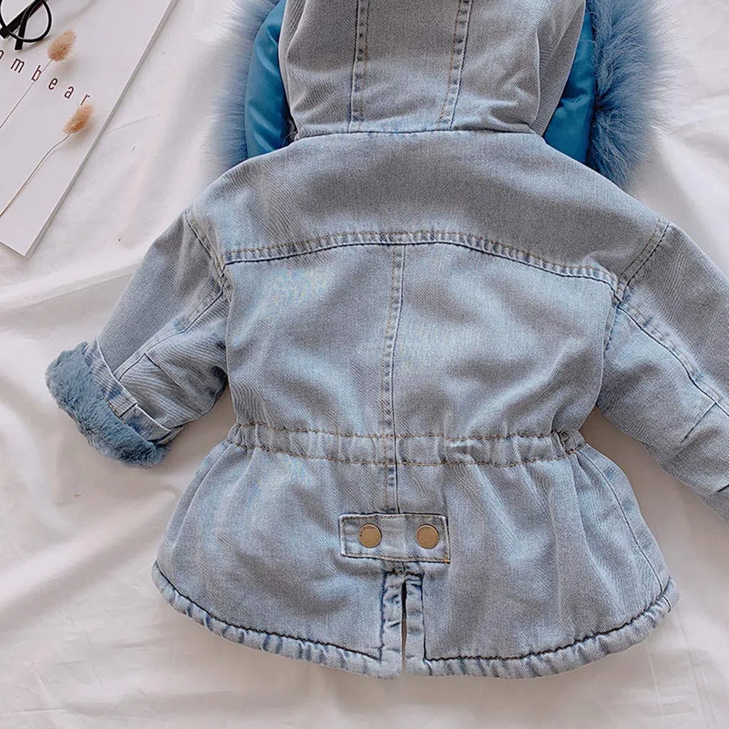 Enfants Fille Manteau dn Denim Manches Longues à Capuche avec Col Fourrure Veste en Jean Rembourré Blouson de Fille Chaude d'hiver avec Fermeture éClair pour Âge 1-6Ans