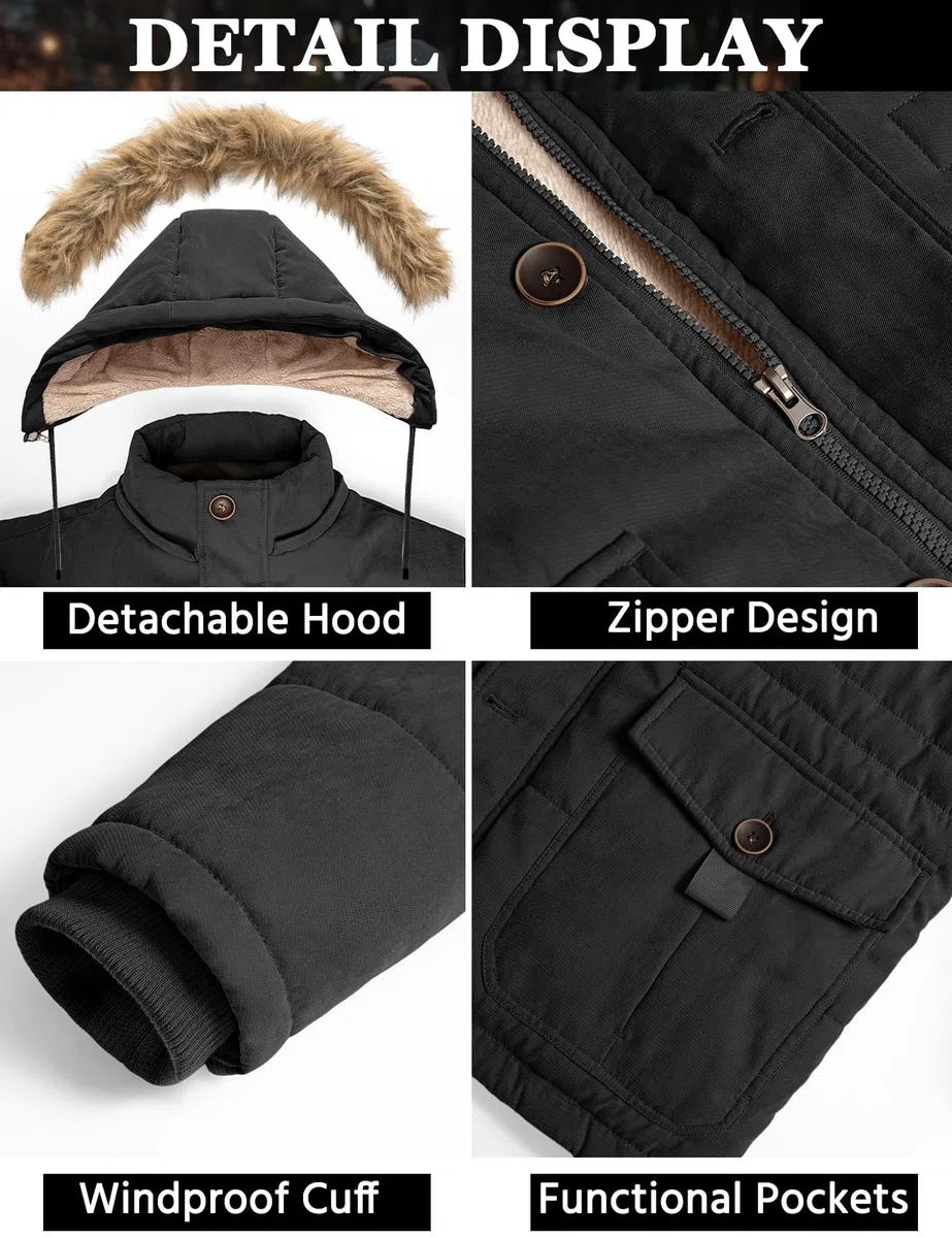 Homme Manteau D'hiver Veste Chaude Blouson À Capuche Fausse Fourrure Amovible Jacket Doublure Polaire D'extérieur Winter Décontractée Résistant Epaissé Avec Poches Coa