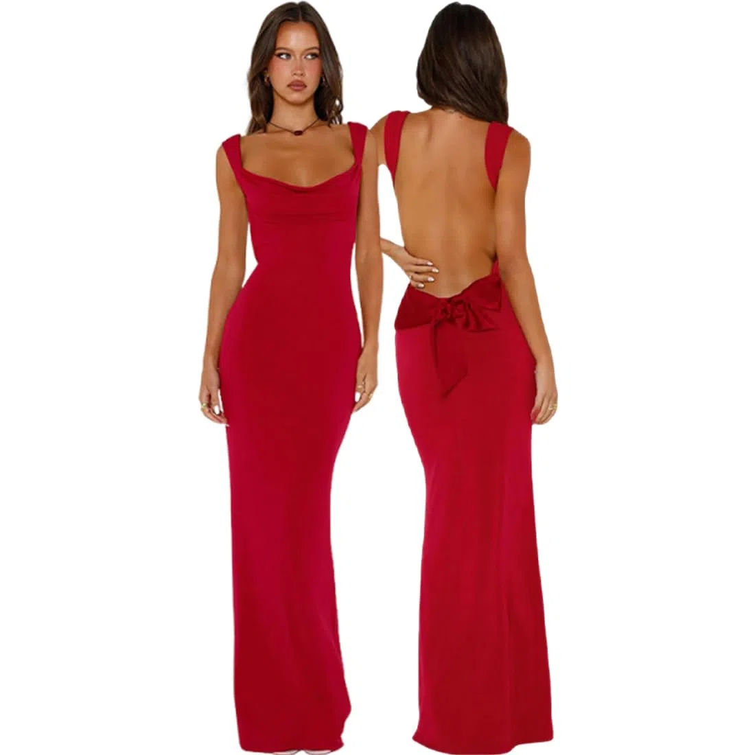 Robe Femme Longue Sexy Dos Nu Maxi Robes sans Manches Elégant Robes Moulante Col en Carrée Bodycon avec Nœud Papillon d'Été Robe de Soirée Cocktail Club Party Cérémonie