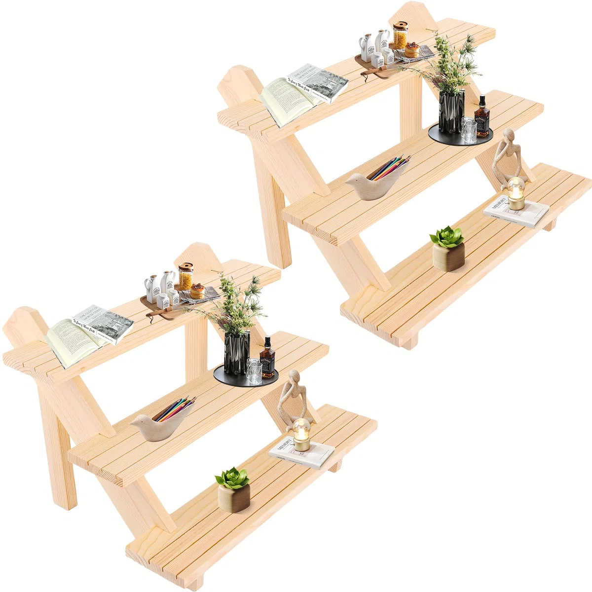 AKOLAFE Lot de 2 Présentoirs en Bois 3 Niveaux Présentoir Étagère 39 x 30 x 24CM Etagere Parfum Bois Étagères de Présentation avec Rainure Presentoir Parfum Détachable pour Artisanat, Figurine, Bijoux
