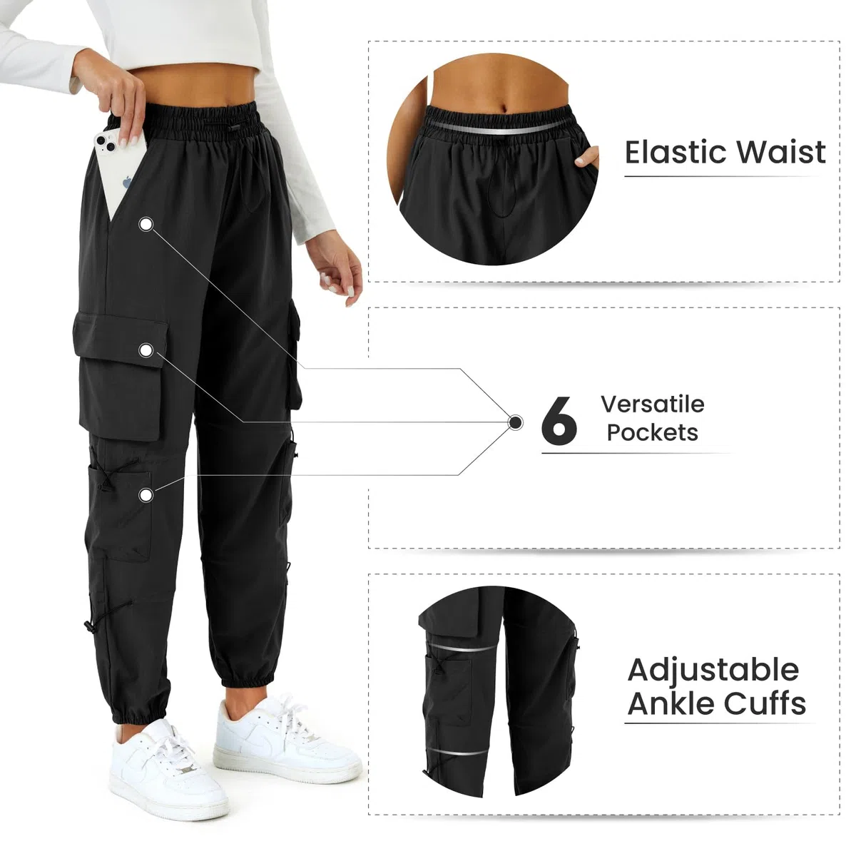 Friptspyg Pantalon de Trekking pour Femmes Léger avec Poche Pantalon de Randonnée Séchage Rapide Imperméable Ceinture Réglable Pantalon de Plein Air Style Sportif pour Jogging