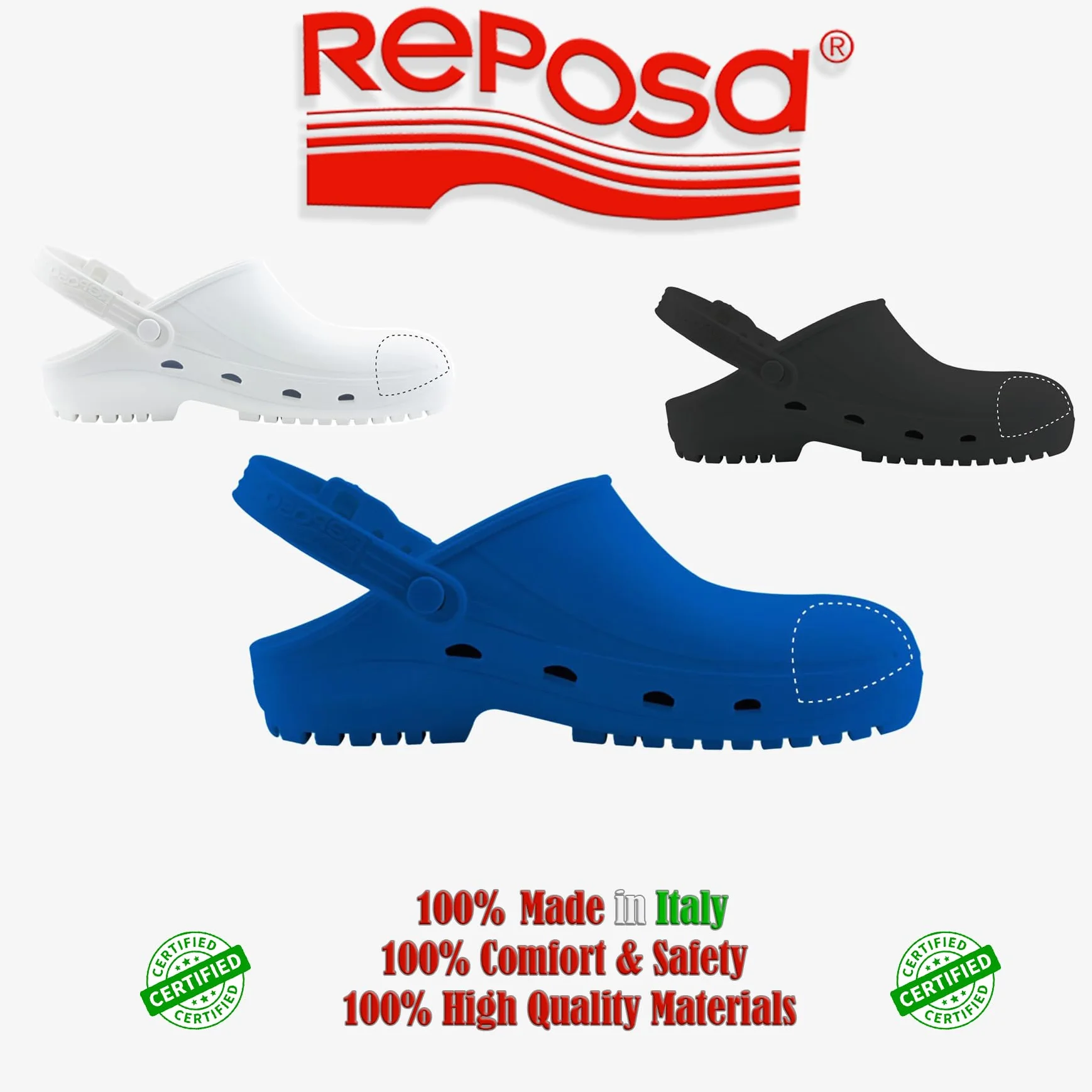 REPOSA Safe - Sabot Femme et Homme en Caoutchouc, Sabot Femme Medical Infirmiere Unisex avec Sangle Rabattable et Embout de Sécurité en Acier - Chaussure Medicale et Sanitaire Anatomique et Antichoc