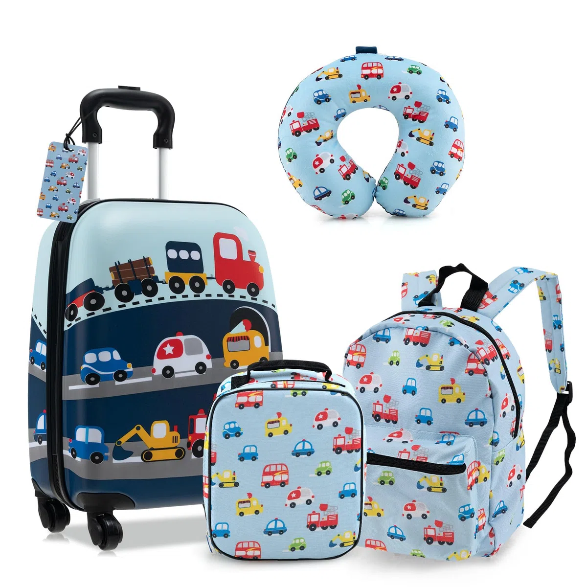 GOPLUS Valise Enfant 5 Pièces, Bagage à Main Rigide de 38cm, Sac à Dos de 33cm, Oreiller Cervical, Sac à Déjeuner Isolé, 3 Hauteur Réglable, Bagage à roulettes pour Garçon Fille 3+ Ans (Bleu)